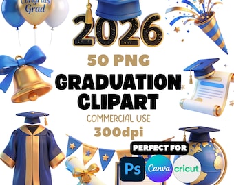 Graduation Clipart Bundle, Class of 2026 PNG Graphics, Congrats Grad Party Decor (Digital Download)