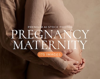 May include: A beige ribbed long-sleeve top and matching skirt worn by a pregnant person, with hands resting on the belly. Text overlay reads: PREMIUM AI STOCK PHOTOS PREGNANCY MATERNITY 175 IMAGES COMMERCIAL USE INCLUDED.
