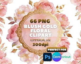 Blush Gold Floral Clipart Bundle, Watercolor Peonies, Roses, Frames (Digital Download)