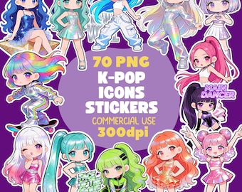 K-Pop Chibi Clipart Bundle – 70 Kawaii Idol Girl Sticker PNG Commercial Use