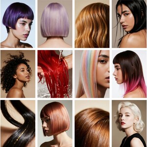 Op de afbeelding: Een collage van verschillende kapsels met verschillende kleuren en texturen. De afbeeldingen tonen een reeks haarkleuren, waaronder roze, paars, blond en zwart, met stijlen van korte bobs tot lange, golvende lokken. Sommige afbeeldingen tonen haar dat wordt gestyled of gewassen.