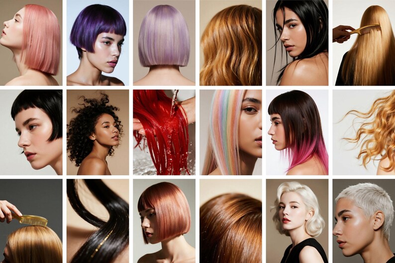 Op de afbeelding: Een collage van verschillende kapsels met verschillende kleuren en texturen. De afbeeldingen tonen een reeks haarkleuren, waaronder roze, paars, blond en zwart, met stijlen van korte bobs tot lange, golvende lokken. Sommige afbeeldingen tonen haar dat wordt gestyled of gewassen.