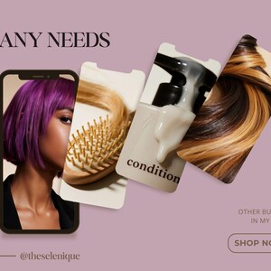 Op de afbeelding: Een promotieafbeelding met de tekst "FOR ANY NEEDS" en een smartphone met een persoon met paars haar. Andere afbeeldingen tonen haarproducten en haarstalen. Het woord "condition" is zichtbaar op een product. De afbeelding bevat ook een oproep tot actie om te winkelen.