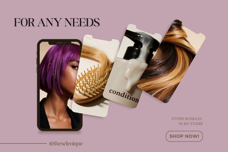 Op de afbeelding: Een promotieafbeelding met de tekst "FOR ANY NEEDS" en een smartphone met een persoon met paars haar. Andere afbeeldingen tonen haarproducten en haarstalen. Het woord "condition" is zichtbaar op een product. De afbeelding bevat ook een oproep tot actie om te winkelen.