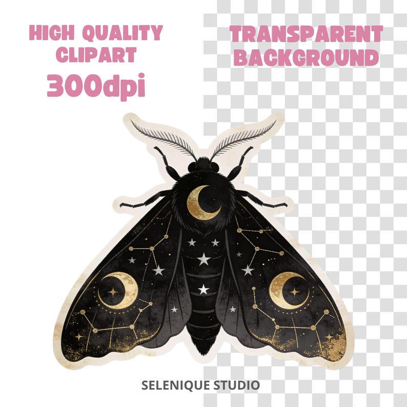 Pacchetto di clipart celestiali mistiche, adesivi PNG neri e dorati a tema stregonesco (download digitale) immagine 7