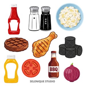 Puede incluir: Ilustraciones de dibujos animados de varios alimentos para barbacoas y picnics. Incluye una botella de ketchup roja, saleros y pimenteros, ensalada de patatas, un bistec a la parrilla, una pata de pollo, morcilla, mostaza, una rodaja de tomate, una botella de salsa barbacoa y una cebolla roja.