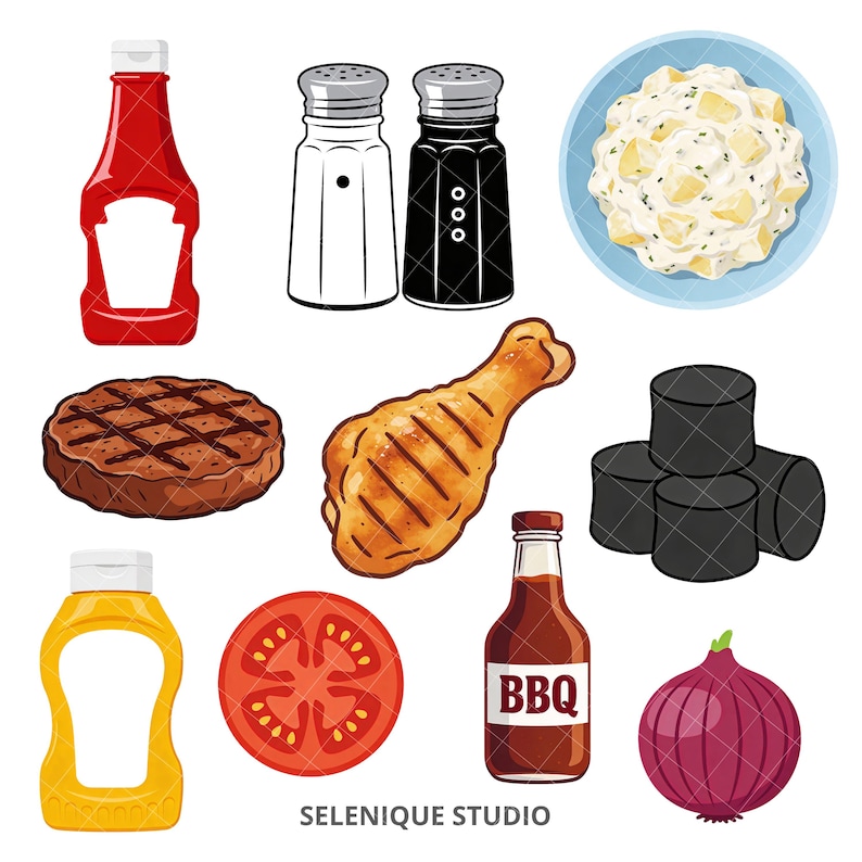 Puede incluir: Ilustraciones de dibujos animados de varios alimentos para barbacoas y picnics. Incluye una botella de ketchup roja, saleros y pimenteros, ensalada de patatas, un bistec a la parrilla, una pata de pollo, morcilla, mostaza, una rodaja de tomate, una botella de salsa barbacoa y una cebolla roja.