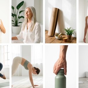 May include: A collection of images showcasing wellness and fitness. Includes a yoga mat, dumbbells, a water bottle, and people practicing yoga and meditation. The color palette is neutral with natural light.