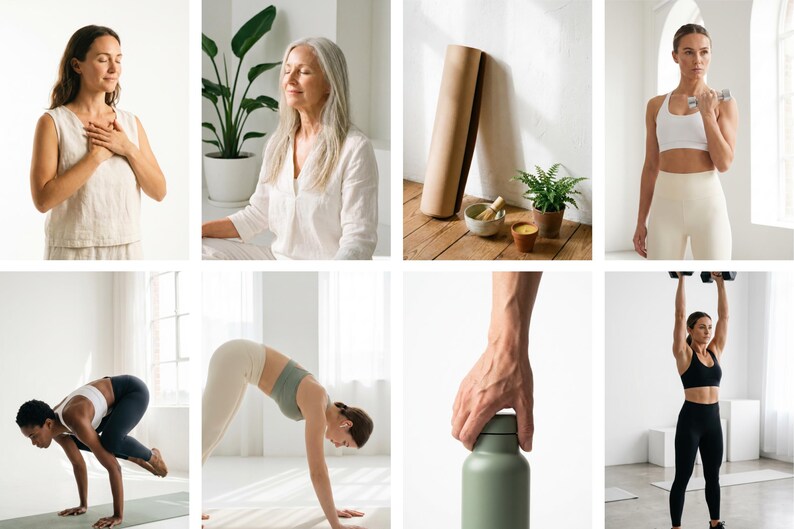 May include: A collection of images showcasing wellness and fitness. Includes a yoga mat, dumbbells, a water bottle, and people practicing yoga and meditation. The color palette is neutral with natural light.