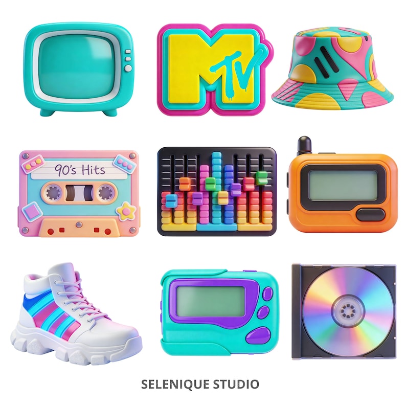 May include: A collection of 90s-themed items, including a teal TV, MTV logo, bucket hat, cassette tape labeled "90's Hits", sound mixer, orange pager, white sneaker with pink and blue stripes, teal pager, and a CD.