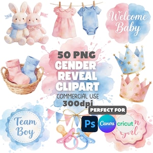 Watercolor Gender Reveal Clipart Bundle | Pink Blue Baby Shower Graphics (Digital Download) image 1