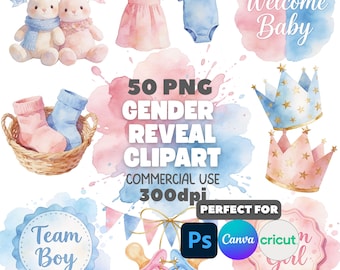 Watercolor Gender Reveal Clipart Bundle | Pink Blue Baby Shower Graphics (Digital Download)