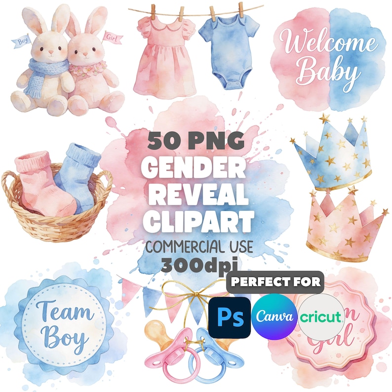 Watercolor Gender Reveal Clipart Bundle | Pink Blue Baby Shower Graphics (Digital Download) image 1