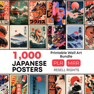 Könnte beinhalten: Eine digitale Sammlung von 1.000 druckbaren japanischen Postern mit verschiedenen Illustrationen, darunter Samurai, Landschaften mit dem Berg Fuji, Fabelwesen wie Drachen und Kraken, Porträts und Lebensmittel, alle mit japanischem Text.