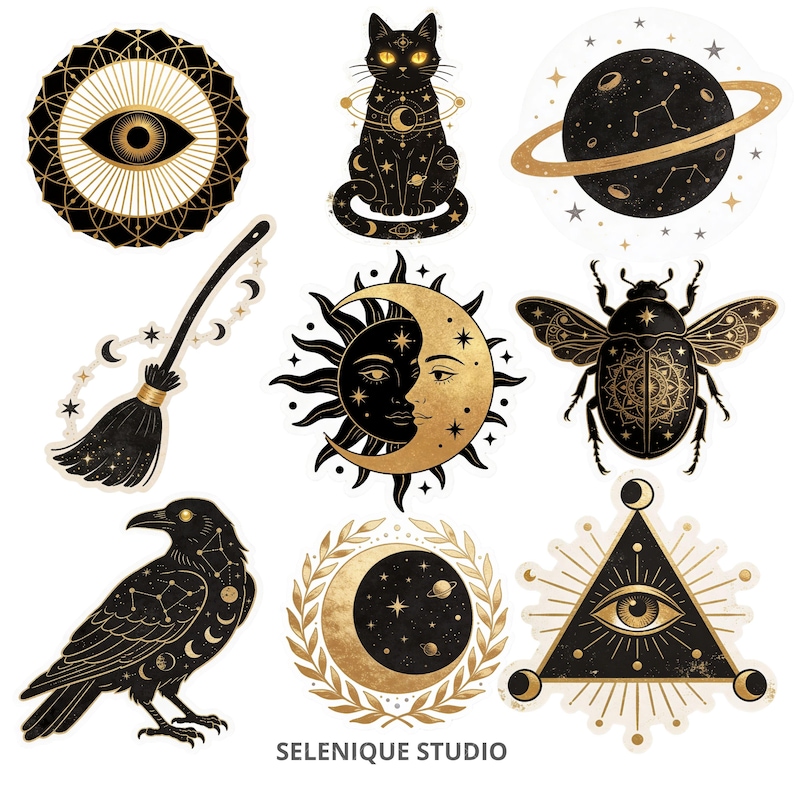 Pu&ograve; includere: Una collezione di adesivi neri e dorati a tema celeste. I disegni includono un gatto, un corvo, un pianeta, un occhio, una luna, un sole e uno scarabeo. Gli adesivi hanno un'estetica mistica e stregonesca.