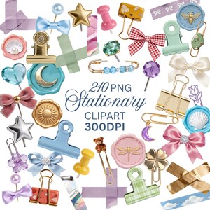 May include: A collection of 210 PNG stationery clipart images at 300DPI, featuring various binder clips, wax seals with bee, moon, sun, shell, and dragonfly motifs, colorful bows, safety pins with beads, washi tape strips, and push pins.