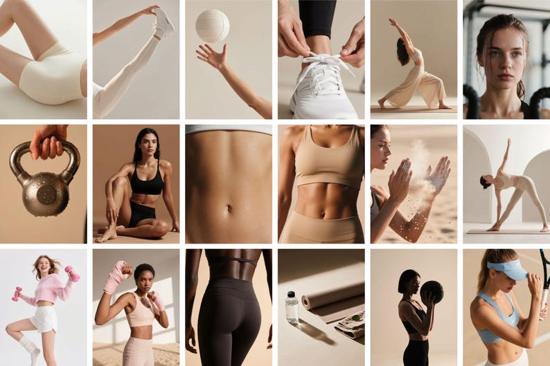May include: A collage of images showcasing fitness and wellness activities. The images include people exercising, such as yoga, weightlifting, and boxing. Other images show athletic wear, a water bottle, and a yoga mat. The color palette is neutral with beige and tan tones.