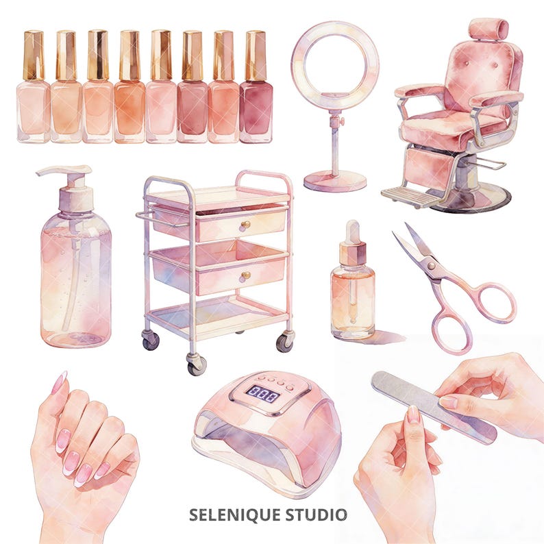 Watercolor Nail Salon Clipart | Manicure, Nail Polish, Beauty Graphics (Commercial Use) image 4