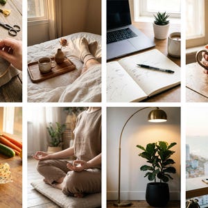 Op de afbeelding: Een collage van afbeeldingen die verschillende lifestylesc&egrave;nes weergeven. Bevat een persoon die borduurt, een dienblad met koffie en een vaas op een bed, een laptop en notitieboek, een persoon die een mok vasthoudt, voedselbereiding, meditatie, een vloerlamp en een bureau met een laptop.