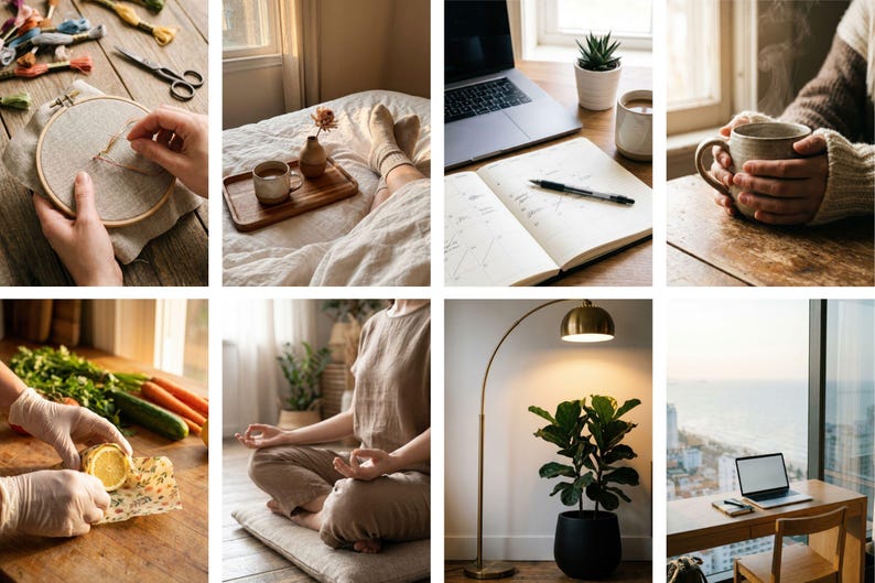 Op de afbeelding: Een collage van afbeeldingen die verschillende lifestylesc&egrave;nes weergeven. Bevat een persoon die borduurt, een dienblad met koffie en een vaas op een bed, een laptop en notitieboek, een persoon die een mok vasthoudt, voedselbereiding, meditatie, een vloerlamp en een bureau met een laptop.