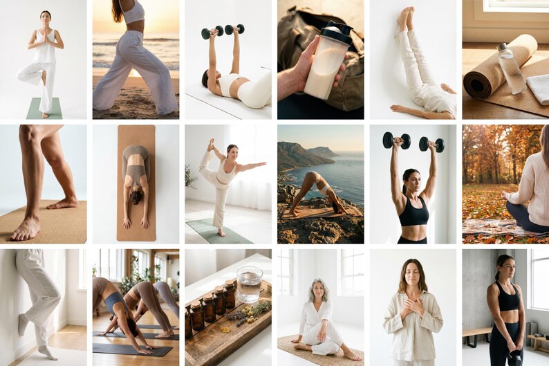 May include: A collection of images showcasing various yoga poses and fitness activities. The images feature individuals practicing yoga on mats, lifting dumbbells, and engaging in other exercises. The color palette is neutral, with a focus on natural light and healthy living.