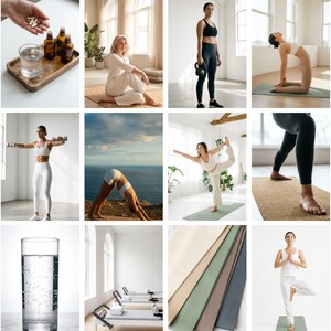 May include: A collage of images featuring yoga and wellness themes. Includes people practicing yoga poses, exercise equipment, supplements, and a glass of water. The color palette is neutral with natural light.
