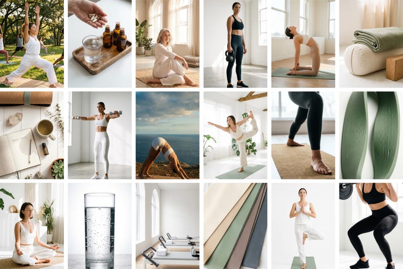 May include: A collage of images featuring yoga and wellness themes. Includes people practicing yoga poses, exercise equipment, supplements, and a glass of water. The color palette is neutral with natural light.