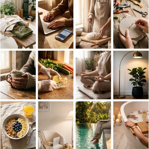 Op de afbeelding: Een collage van lifestyle-afbeeldingen met een verscheidenheid aan activiteiten. Bevat een laptop, koffie, eten en een persoon die mediteert. Andere afbeeldingen tonen een persoon die op een laptop werkt en een persoon in een bad.