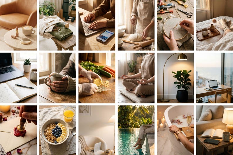 Op de afbeelding: Een collage van lifestyle-afbeeldingen met een verscheidenheid aan activiteiten. Bevat een laptop, koffie, eten en een persoon die mediteert. Andere afbeeldingen tonen een persoon die op een laptop werkt en een persoon in een bad.