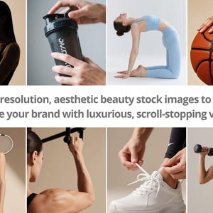 May include: A collage of images featuring fitness and sports themes. Includes a basketball, a shaker bottle, a woman in a yoga pose, a tennis racket, and a woman lifting weights. The text reads "110 high-resolution, aesthetic beauty stock images to instantly elevate your brand with luxurious, scroll-stopping visuals."