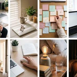 Op de afbeelding: Een verzameling lifestyle-afbeeldingen met een laptop, koffie, planten en een kaars. Andere afbeeldingen tonen een persoon met een handdoek en waterfles, een notitieboek en een nachtkastje met een lamp en een glas water.