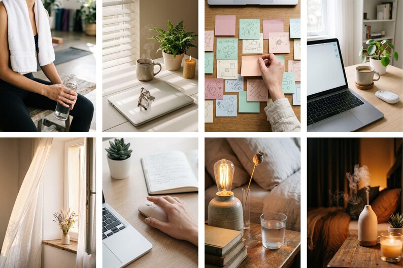 Op de afbeelding: Een verzameling lifestyle-afbeeldingen met een laptop, koffie, planten en een kaars. Andere afbeeldingen tonen een persoon met een handdoek en waterfles, een notitieboek en een nachtkastje met een lamp en een glas water.