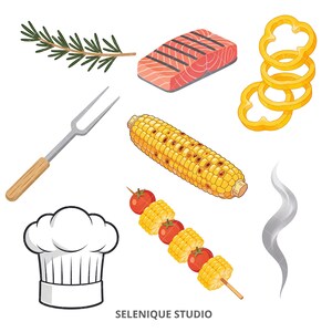 Puede incluir: Una ilustraci&oacute;n de elementos para asar a la parrilla, que incluye un filete de salm&oacute;n, mazorca de ma&iacute;z, aros de pimiento amarillo, un gorro de chef, un tenedor para asar, una ramita de romero y una brocheta de ma&iacute;z y tomates. La imagen incluye el texto "SELENIQUE STUDIO".