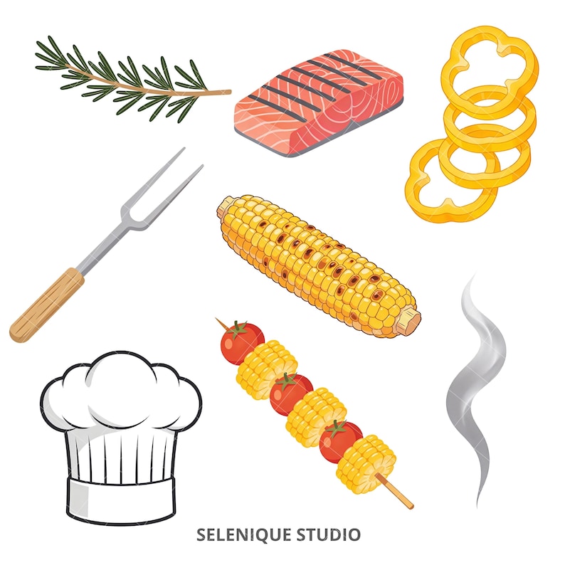 Puede incluir: Una ilustraci&oacute;n de elementos para asar a la parrilla, que incluye un filete de salm&oacute;n, mazorca de ma&iacute;z, aros de pimiento amarillo, un gorro de chef, un tenedor para asar, una ramita de romero y una brocheta de ma&iacute;z y tomates. La imagen incluye el texto "SELENIQUE STUDIO".