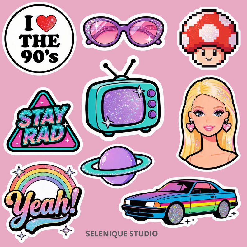 Op de afbeelding: Een verzameling kleurrijke stickers met retro-thema op een roze achtergrond. Ontwerpen omvatten een tv, zonnebril, een auto, een paddenstoel, een planeet, een regenboog en een Barbie-achtig personage. Tekst bevat "I ❤️ the 90's", "Stay Rad" en "Yeah!"