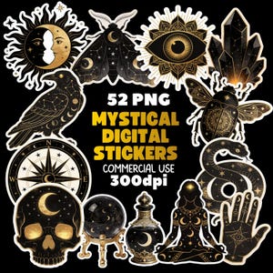 Mystical Celestial Clipart Bundle, Black Gold Witchy PNG Stickers (Digital Download)