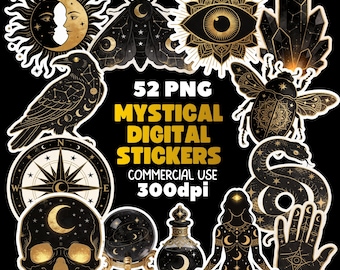 Mystical Celestial Clipart Bundle, Black Gold Witchy PNG Stickers (Digital Download)