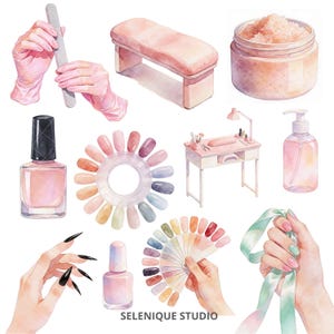 May include: Watercolor illustration of nail salon tools and accessories. Includes a nail file, a pink manicure table, nail polish bottles, a nail polish color wheel, and a jar of scrub. The image also features hands with manicured nails.