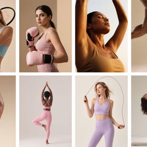 May include: A collage of images featuring fitness and athletic wear. The images include a woman with a tennis racket, a woman with boxing gloves, a woman with arms raised, and a woman jumping rope. Other images show yoga poses and athletic legs.