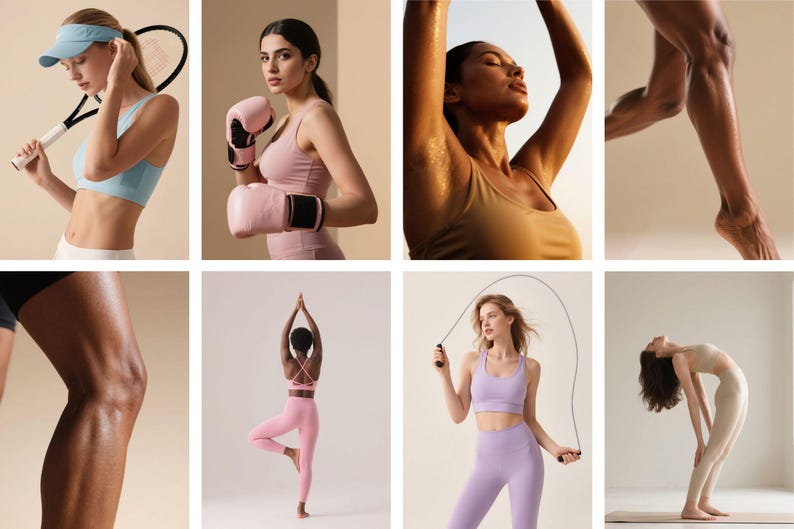 May include: A collage of images featuring fitness and athletic wear. The images include a woman with a tennis racket, a woman with boxing gloves, a woman with arms raised, and a woman jumping rope. Other images show yoga poses and athletic legs.