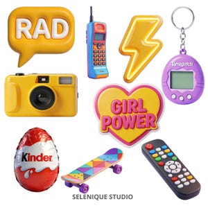 May include: A collection of colorful 3D-rendered objects, including a yellow camera, a retro cell phone, a skateboard, a remote control, a Kinder egg, a Tamagotchi keychain, a lightning bolt, a heart with "GIRL POWER" text, and a speech bubble with "RAD" text.