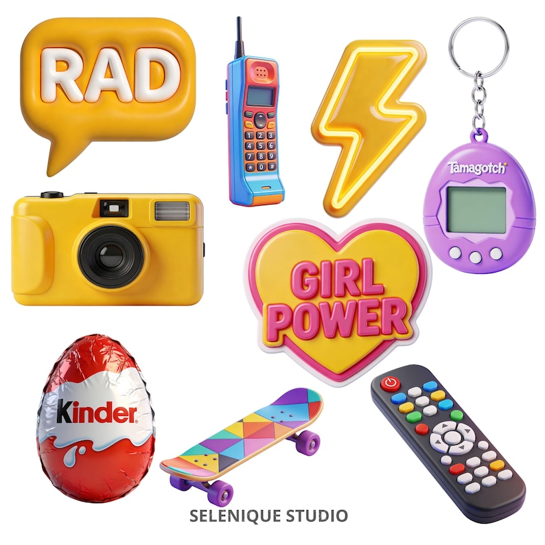 May include: A collection of colorful 3D-rendered objects, including a yellow camera, a retro cell phone, a skateboard, a remote control, a Kinder egg, a Tamagotchi keychain, a lightning bolt, a heart with "GIRL POWER" text, and a speech bubble with "RAD" text.