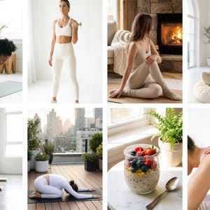 May include: A collage of images showcasing wellness and fitness activities. Includes yoga poses, weight training, and healthy eating. The images feature a variety of settings, from indoor studios to outdoor spaces, and highlight a focus on health and well-being.