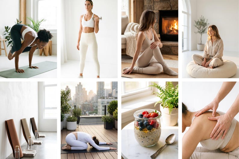 May include: A collage of images showcasing wellness and fitness activities. Includes yoga poses, weight training, and healthy eating. The images feature a variety of settings, from indoor studios to outdoor spaces, and highlight a focus on health and well-being.
