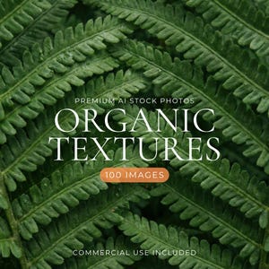 Peut inclure: Une collection de feuilles de fougère vertes avec un texte blanc superposé indiquant PREMIUM AI STOCK PHOTOS ORGANIC TEXTURES 100 IMAGES COMMERCIAL USE INCLUDED. L'image présente un motif dense et détaillé de feuillage naturel aux teintes vert foncé.