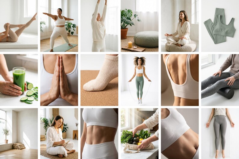 May include: A collage of images related to wellness and fitness. Includes people in yoga poses, a green smoothie, a woman jumping rope, and a set of activewear. The images are in a bright, airy setting.