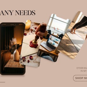 Op de afbeelding: Een advertentie met de tekst "FOR ANY NEEDS" toont afbeeldingen in een smartphoneframe. De afbeeldingen omvatten een brandende kaars, een laptop en een persoon die yoga beoefent. De advertentie bevat ook de tekst "OTHER BUNDLES IN MY STORE" en een "SHOP NOW!" knop.
