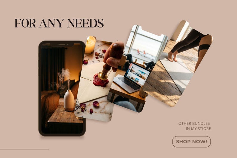 Op de afbeelding: Een advertentie met de tekst "FOR ANY NEEDS" toont afbeeldingen in een smartphoneframe. De afbeeldingen omvatten een brandende kaars, een laptop en een persoon die yoga beoefent. De advertentie bevat ook de tekst "OTHER BUNDLES IN MY STORE" en een "SHOP NOW!" knop.
