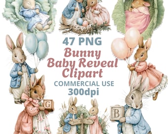 Baby Gender Reveal Clipart – 47 Watercolor Bunny Boy Girl PNG Commercial