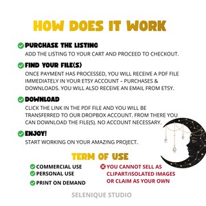 Pu&ograve; includere: Grafica dorata che spiega il processo di acquisto e download di un file, con le parole "HOW DOES IT WORK". Include i termini di utilizzo e un'illustrazione di una luna crescente con un volto e gemme pendenti.
